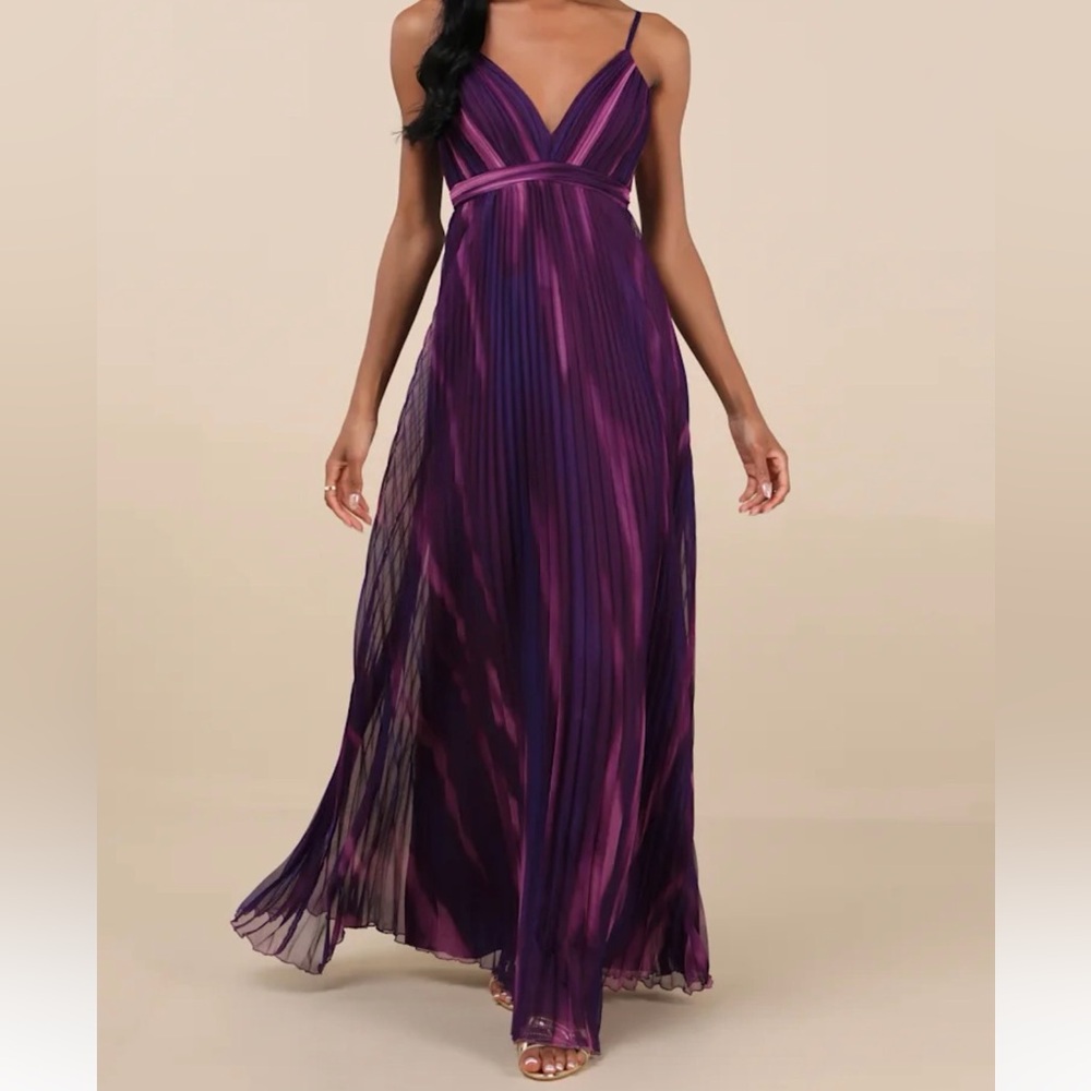 NWT Lulus Purple Multi Watercolor Pleated Maxi Dress Small